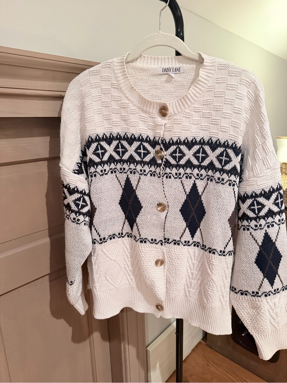 Daisy Lane Oversized Argyle Cable Knit Cardigan Cream Black